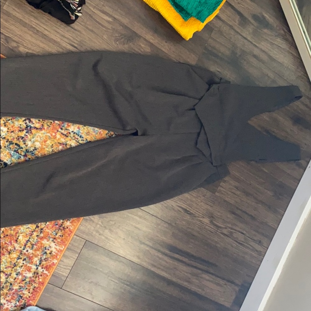 Grey two piece suspended pant suite